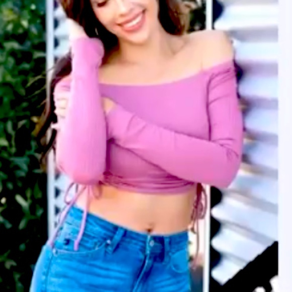 Mauve long sleeve off the shoulder crop with ties on side